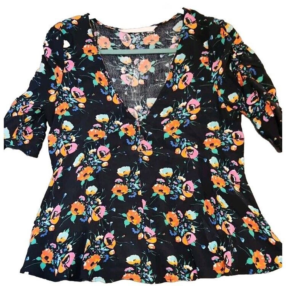 Zara Trafaluc Collection Women's Floral‎ V-Neck Ruched Half Sleeve Blouse Size M